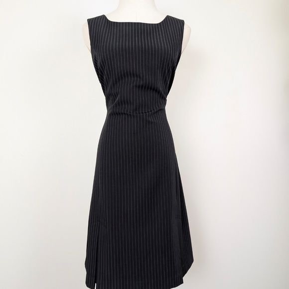 90s Pinstripe Mini Dress Short Thigh Length High Neckline Pleated Fitted Stripes - Picture 10 of 14